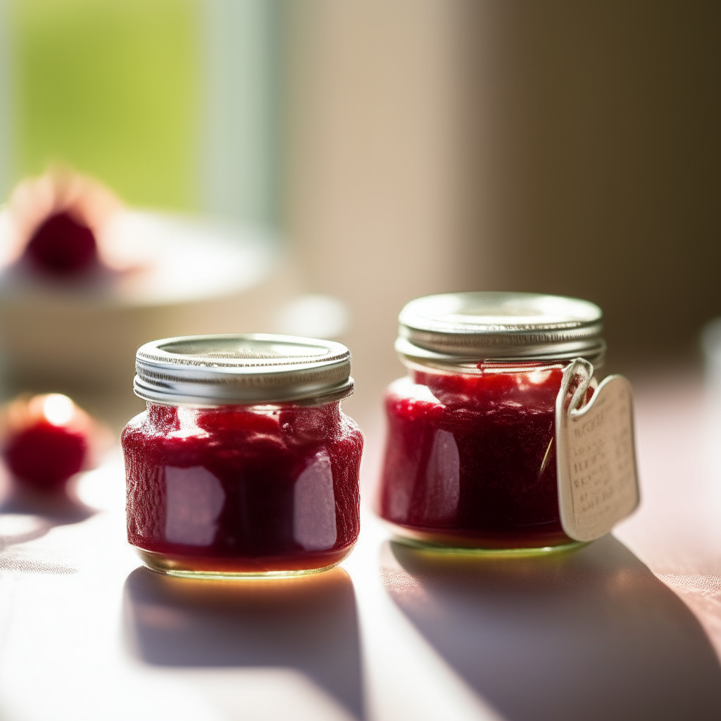 Two small mason jars filled with raspberry jam, photographed in a bright, sunlit studio with soft lighting. The red jam is the sole focus, filling the frames. The backgrounds are blurred. The jam textures are in razor-sharp focus and vividly detailed. A spoonful of raspberry jam being spread on a piece of toast, next to a small mason jar of jam. Photographed in a bright studio with soft lighting. The red jam dominates the frames. The toast and jar are blurred. The jam has a glossy texture and is in razor-sharp focus. Raspberry jam being ladled into a mason jar next to another sealed jar, in a rustic kitchen with morning light. The red jam flows from the ladle in front of a blurred background. The jam textures are in razor-sharp focus.