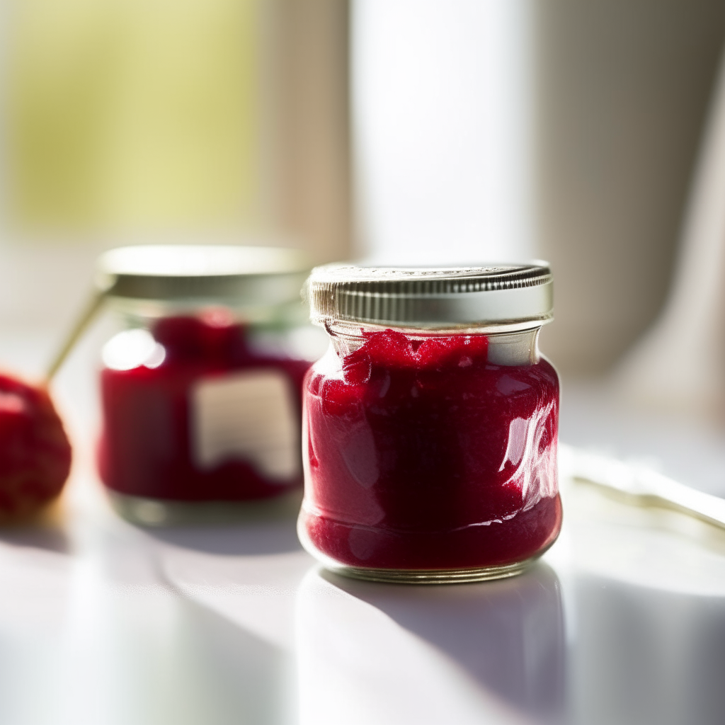 Two small mason jars filled with raspberry jam, photographed in a bright, sunlit studio. The red jam is the sole focus, filling the frames. The backgrounds are softly blurred. The jam textures are in razor-sharp focus. A spoonful of raspberry jam being spread on toast, next to a jar of jam. Photographed in a bright studio. The red jam dominates the frames. The toast and jar are blurred. The jam texture is in razor-sharp focus. Raspberry jam being ladled into a mason jar next to a sealed jar, in a rustic kitchen. The red jam flows from the ladle with a blurred background. The jam textures are in razor-sharp focus.