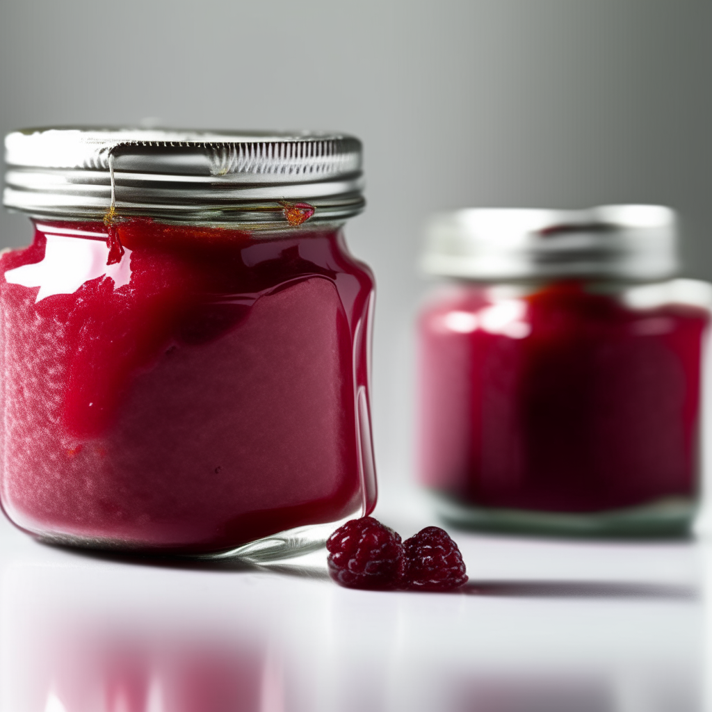 Two medium mason jars filled with raspberry jam, photographed in bright studio lighting. The red jam dominates the frames, backgrounds blurred. Jam textures in razor-sharp focus. Raspberry jam being spread on toast next to a medium jar of jam, photographed in bright studio lighting. The red jam dominates the frames, toast and jar blurred. Jam texture in razor-sharp focus. Raspberry jam being ladled into a medium mason jar next to a sealed medium jar, in soft morning light. Jam flows from ladle, blurred background. Jam textures in razor-sharp focus.