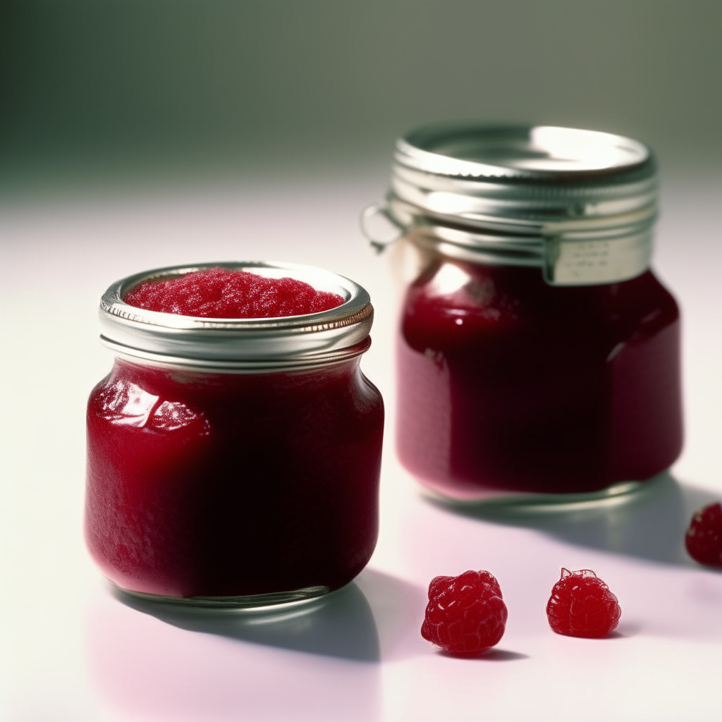 Two round mason jars filled with raspberry jam, photographed in bright studio lighting. The red jam dominates the frames, backgrounds blurred. Jam textures in razor-sharp focus. Raspberry jam being spread on toast next to a round jar of jam, photographed in bright studio lighting. The red jam dominates the frames, toast and jar blurred. Jam texture in razor-sharp focus. Raspberry jam being ladled into a round mason jar next to a sealed round jar, in soft morning light. Jam flows from ladle, blurred background. Jam textures in razor-sharp focus.