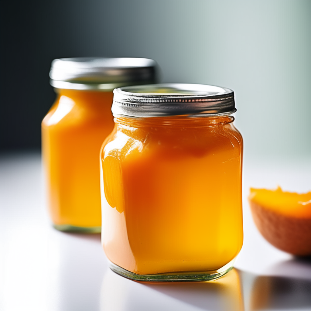 Two medium mason jars filled with mango-papaya jelly, photographed in bright studio lighting. The jelly dominates the frames, backgrounds blurred. Jelly textures in razor-sharp focus. Mango-papaya jelly being spread on toast next to a medium jar, photographed in bright studio lighting. The jelly dominates the frames, toast and jar blurred. Jelly texture in razor-sharp focus. Mango-papaya jelly being ladled into a medium mason jar next to a sealed medium jar, in soft morning light. Jelly flows from ladle, blurred background. Jelly textures in razor-sharp focus.