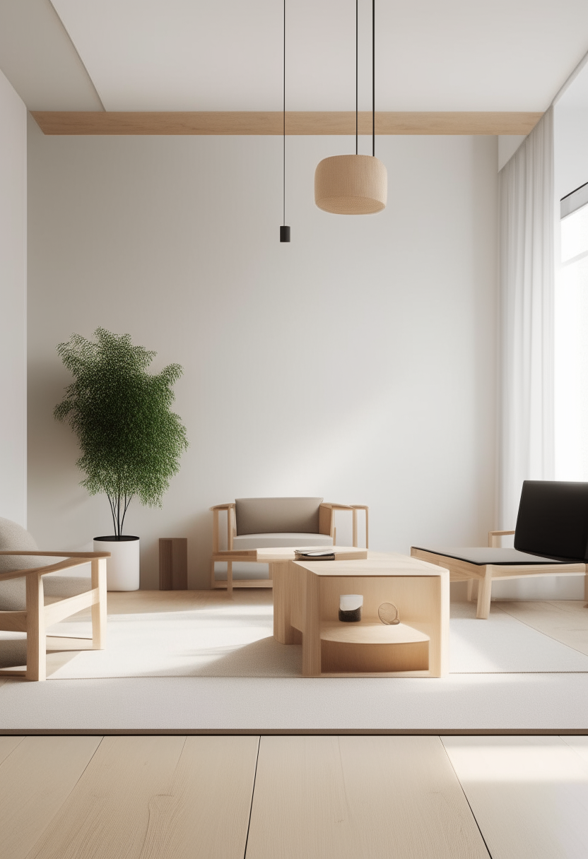 A minimalist modern room with light wood furniture