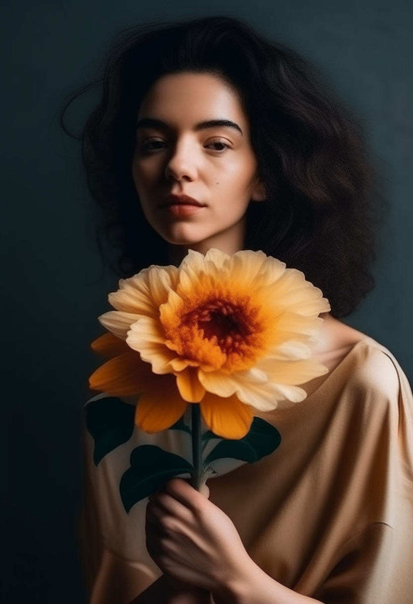 A beautiful woman with a big flower in her hand