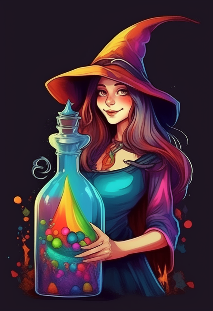 A beautiful witch with a magical colourful bottle