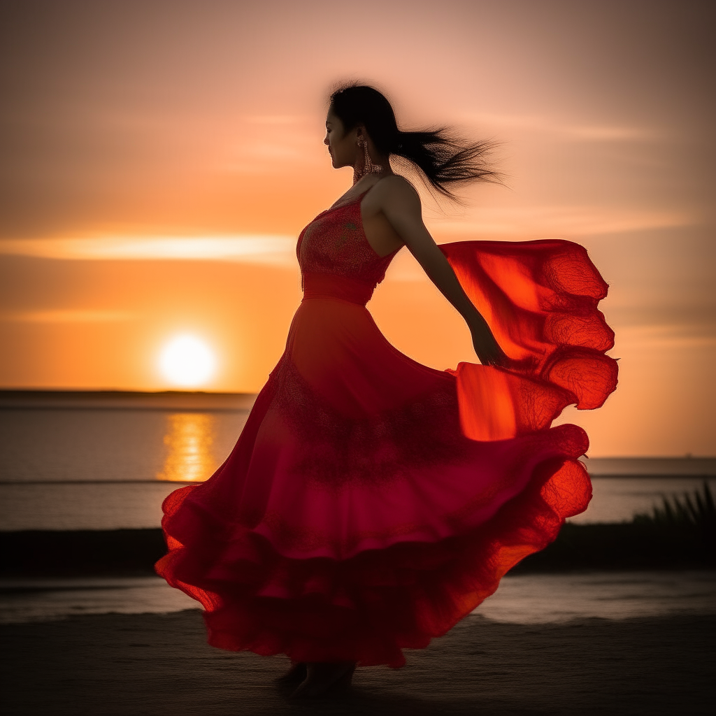 Sun rise to sun set A beautiful Thai woman dancing in a Spanish Flamingo dress
