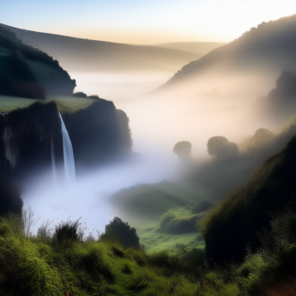 Morning mist rising over a valley and waterfall