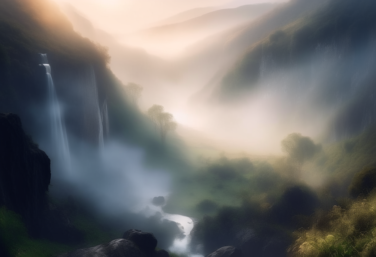 Morning mist rising over a valley and waterfall