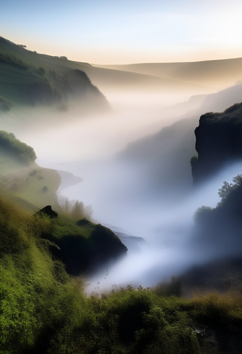 Morning mist rising over a valley and waterfall