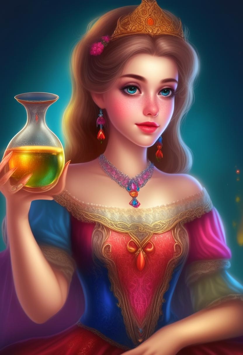 A beautiful realistic princess with a colourful potion