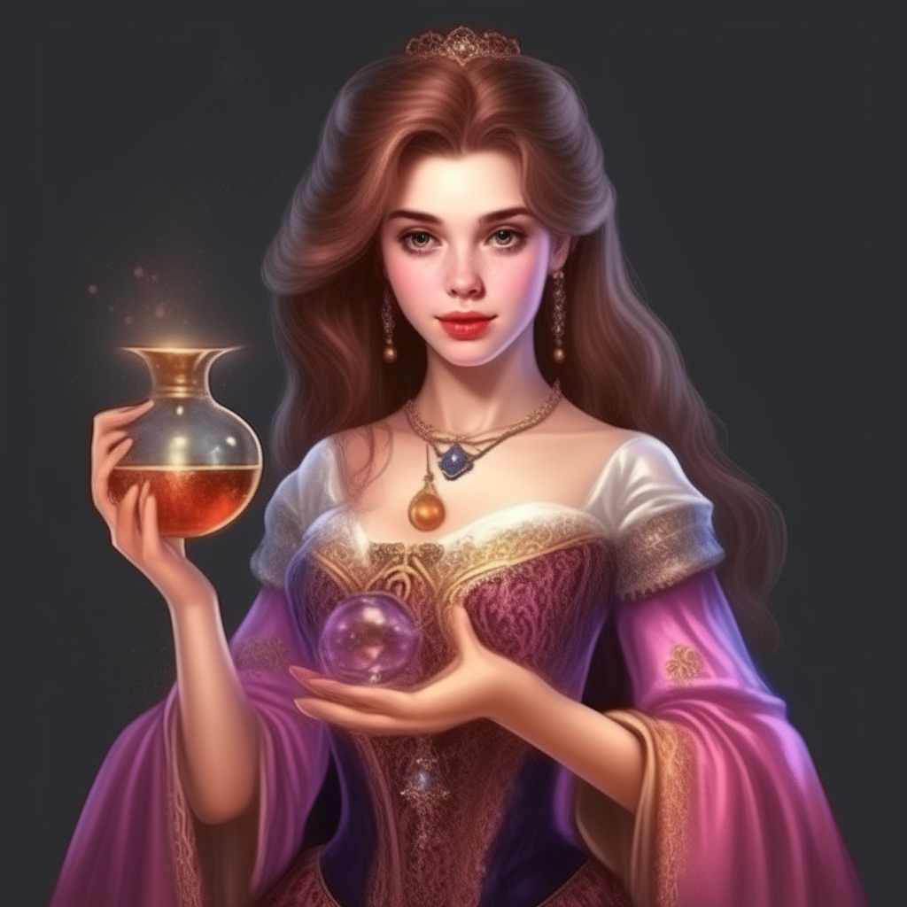 A realistic beautiful princess with a potion in her hand