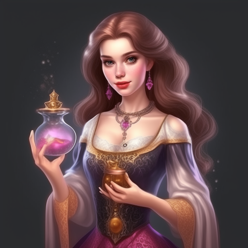 A realistic beautiful princess with a potion in her hand
