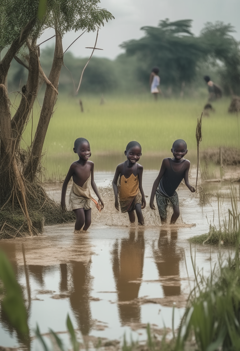 African children playing in the swamp