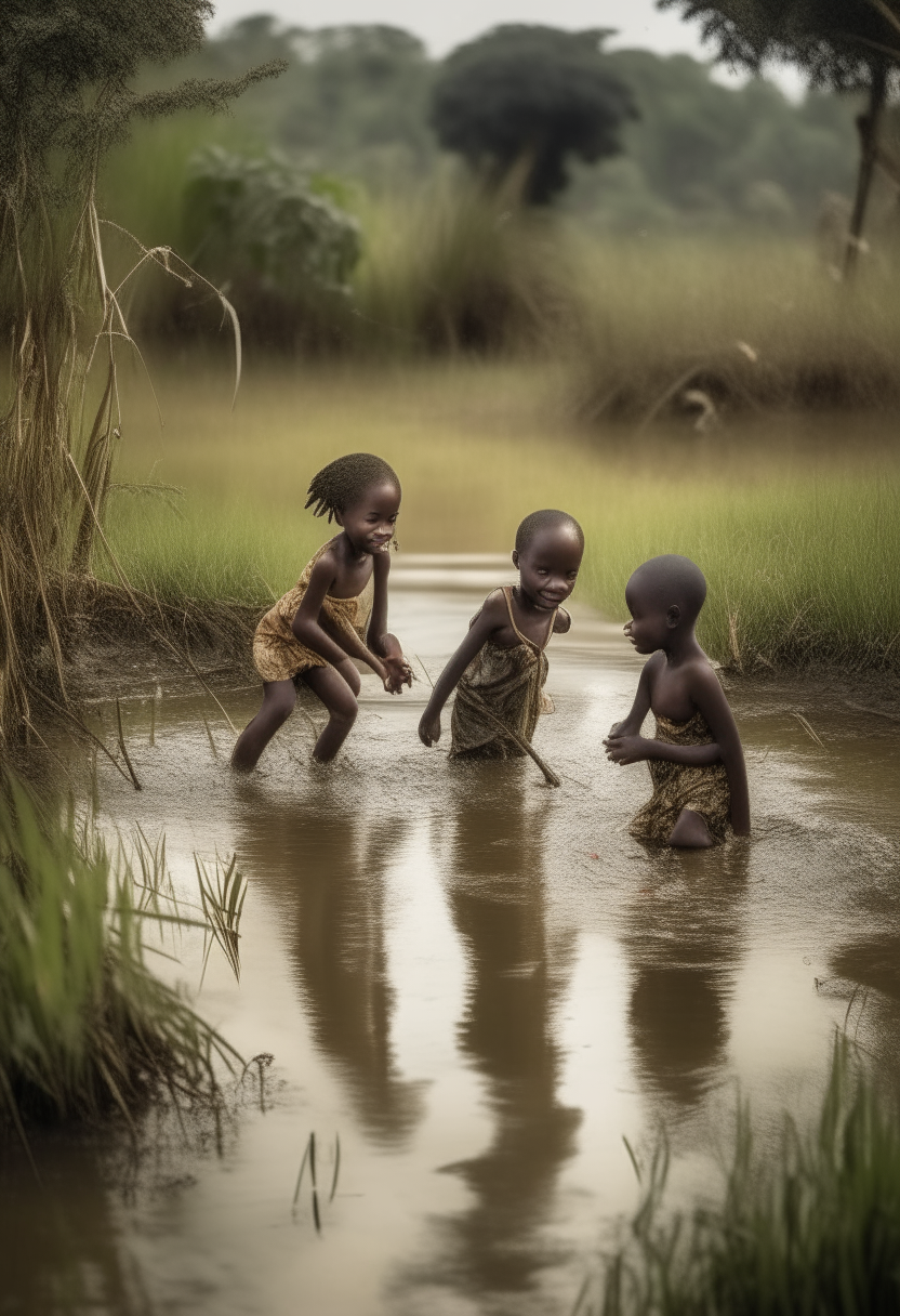 African children playing in the swamp