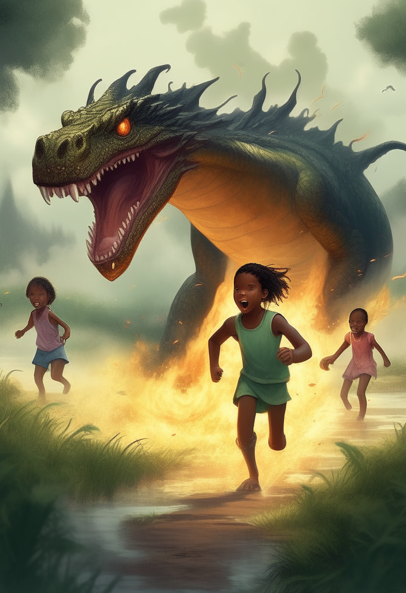 African children running away from a fire breathing dragon in a swamp 