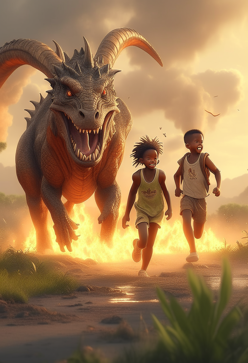 African children running away from a fire breathing dragon in a swamp 