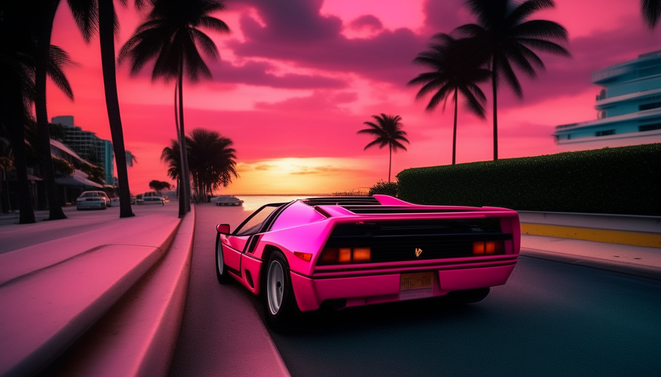 Another view of a 1980s Testarossa Ferrari F512 TR driving towards the setting sun on Miami Beach. Palm trees line the road as the neon signs glow pink and blue in the dusk...
