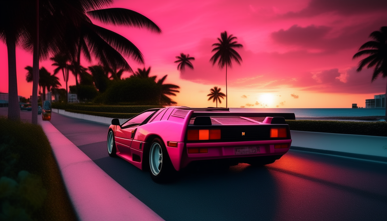 Another view of a 1980s Testarossa Ferrari F512 TR driving towards the setting sun on Miami Beach. Palm trees line the road as the neon signs glow pink and blue in the dusk...