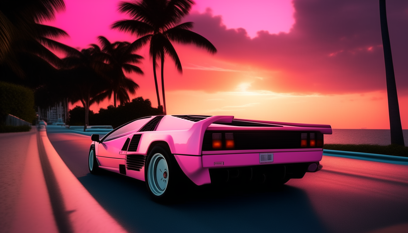 Another view of a 1980s White Testarossa Ferrarri F512 TR driving towards the setting sun on Miami Beach. Palm trees line the road as the neon signs glow pink and blue in the dusk...