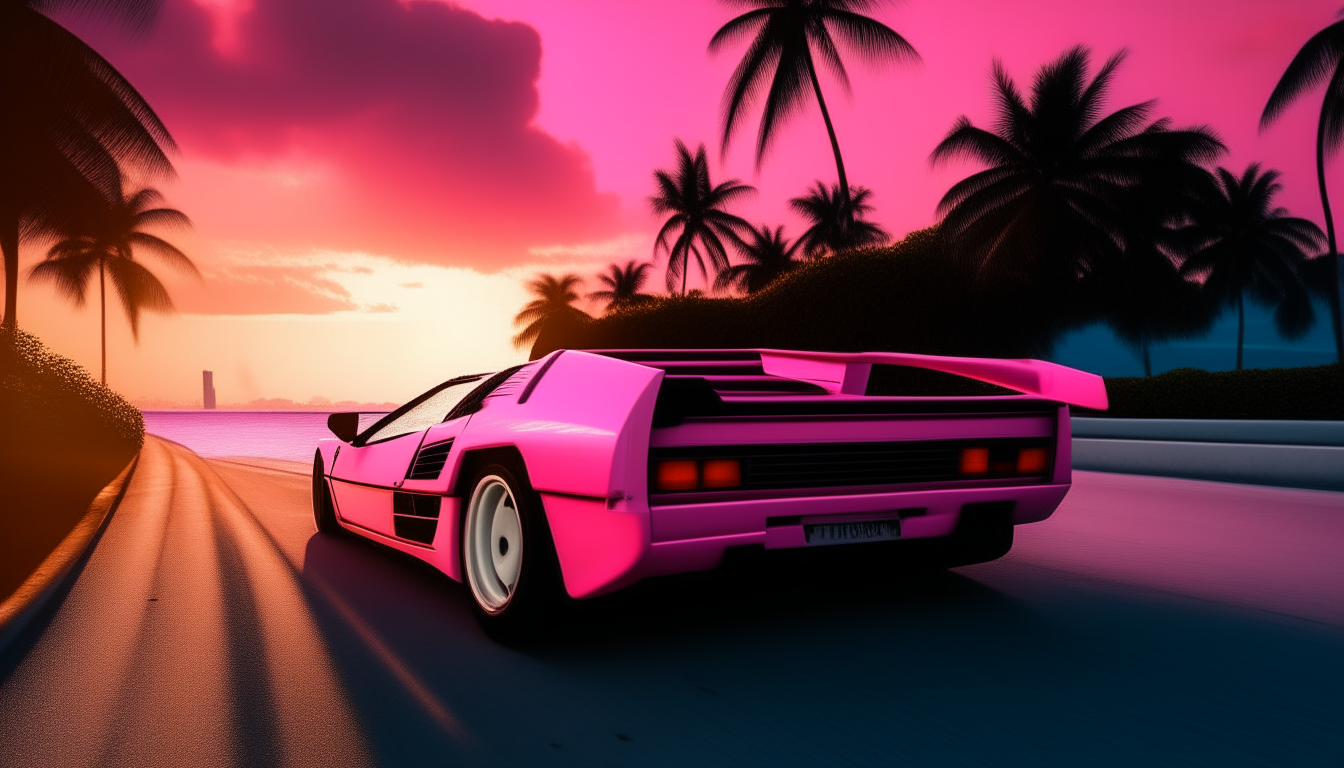 Another view of a 1980s White Testarossa Ferrarri F512 TR driving towards the setting sun on Miami Beach. Palm trees line the road as the neon signs glow pink and blue in the dusk...