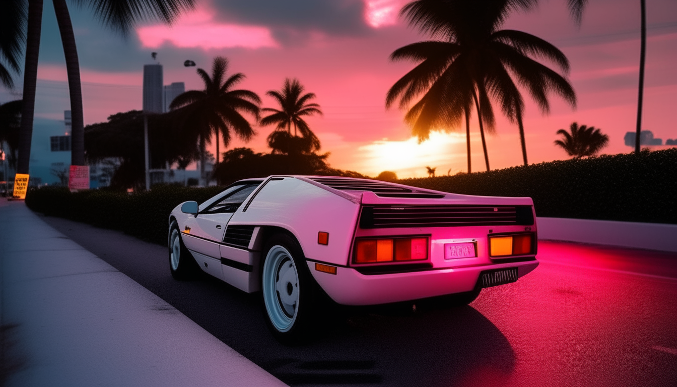 Another view of a 1980s WHITE TESTAROSSA FERRARI towards the setting sun on Miami Beach. Palm trees line the road as the neon signs glow pink and blue in the dusk...