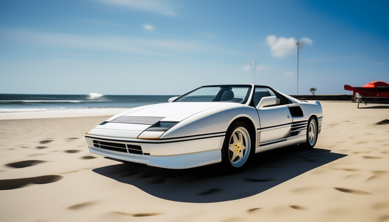 A white Ferrari Testarossa parked on a sunny beach