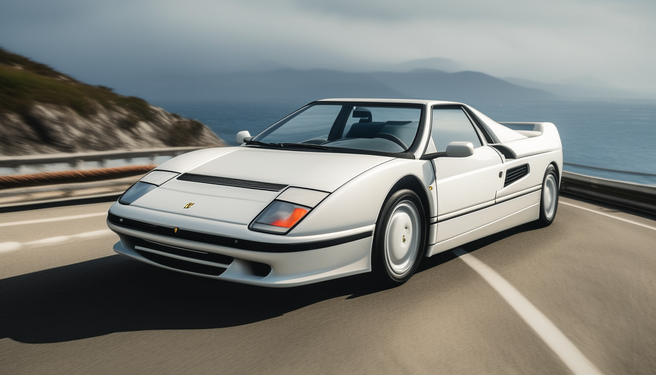A white Ferrari Testarossa driving down a coastal road