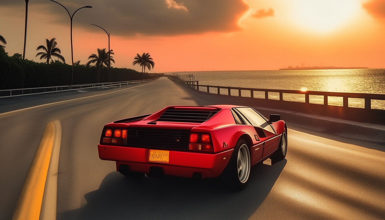 A red Ferrari Testarossa driving down a coastal road in Miami as the sun sets in 1984