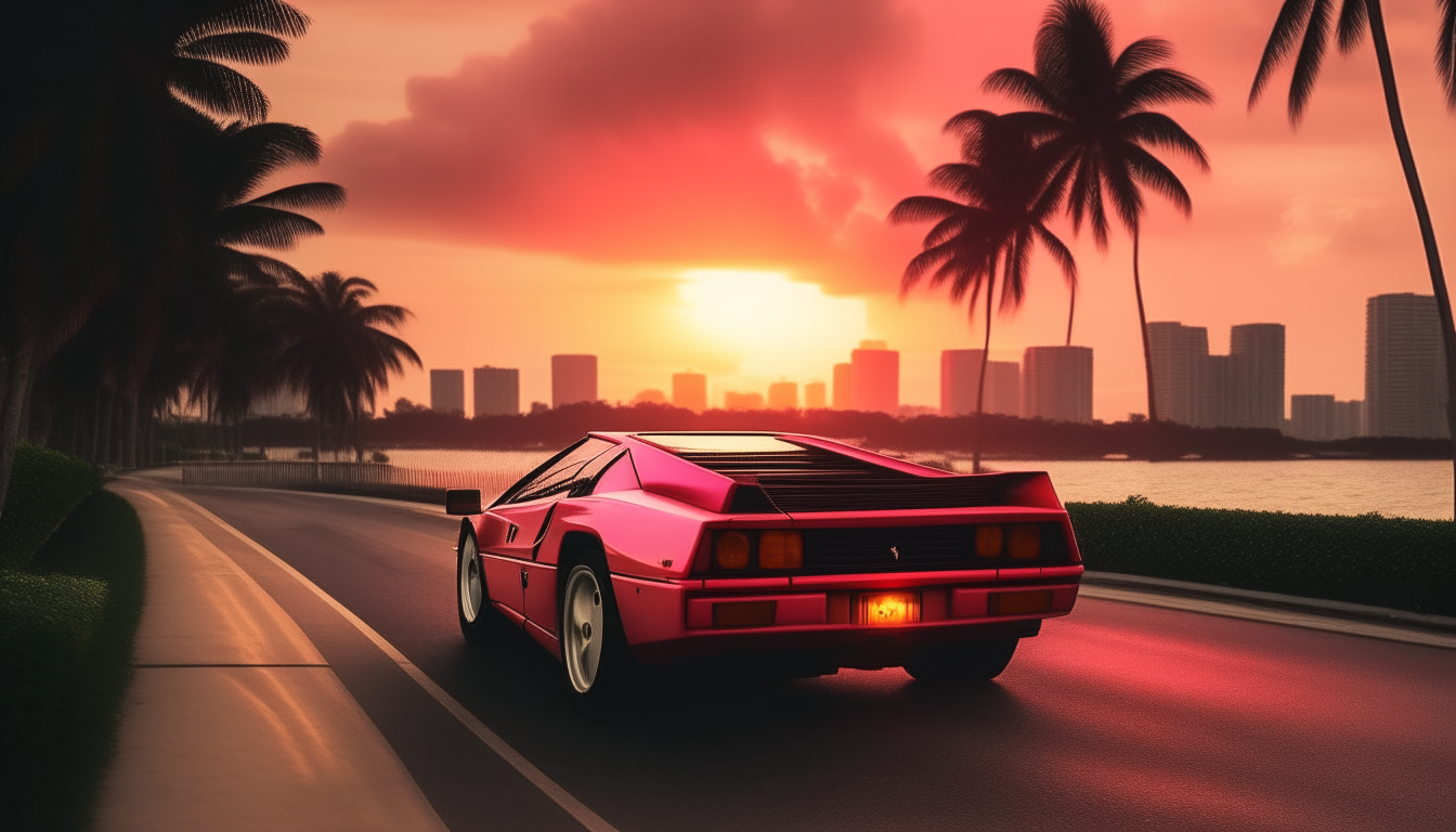 A red Ferrari Testarossa driving past palm trees on a highway in Miami, Florida as the sky turns orange and pink in 1984