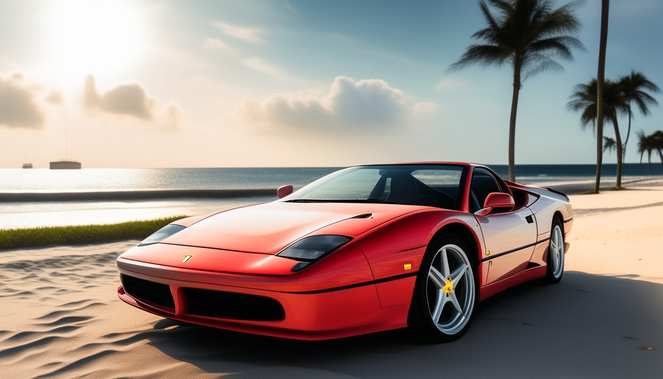 A red Ferrari driving along the coast in Miami at sunset