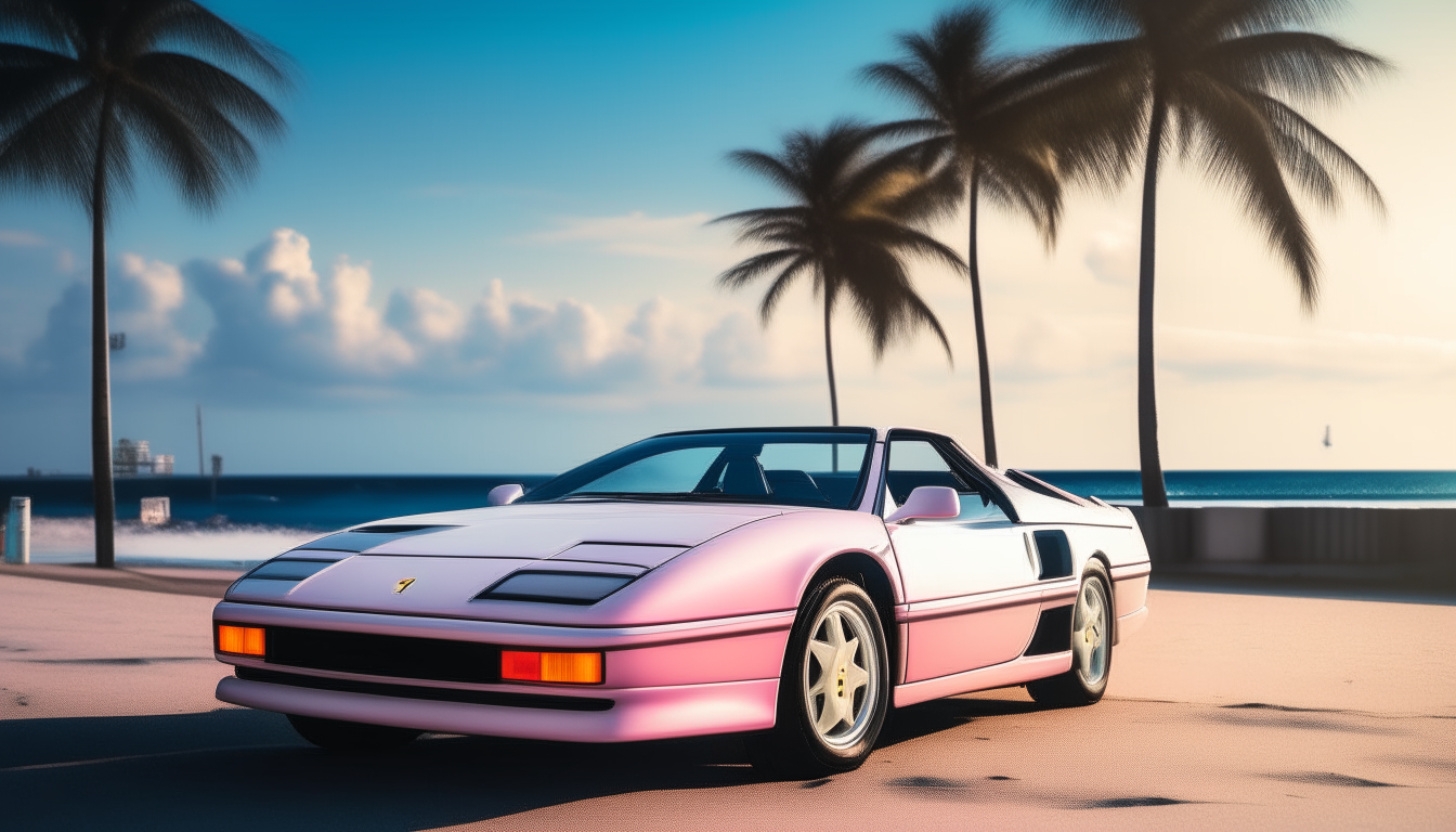 Palm trees and neon signs glow pink and blue as a Ferrari drives towards the setting sun in Miami