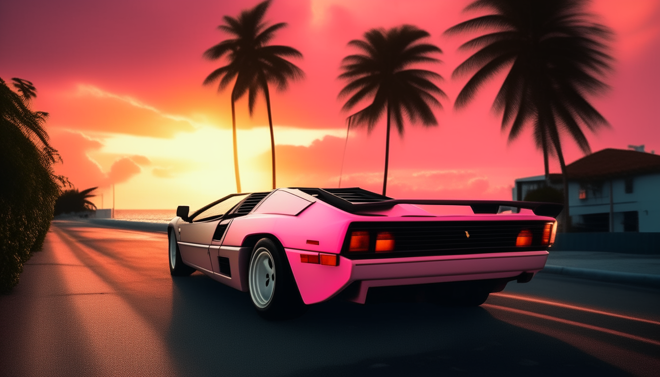 A white 1980s Ferrari Testarossa driving down a coastal road at sunset, with palm trees and neon signs visible