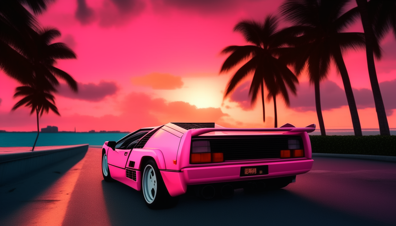 Another view of a white 1980s Ferrari Testarossa driving towards the setting sun on Miami Beach, with palm trees lining the road as neon signs glow pink and blue in the dusk