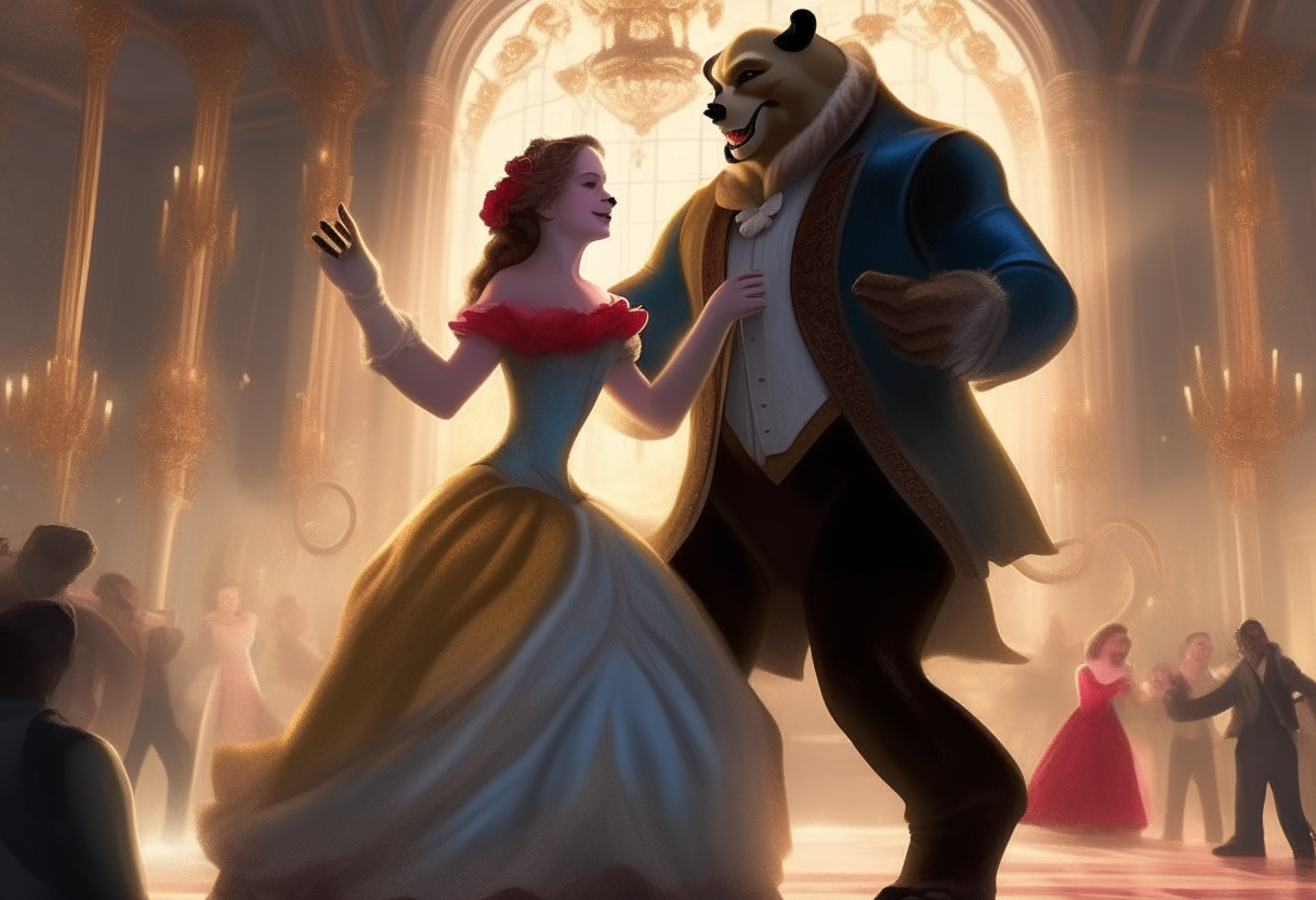 Beauty and the Beast characters Belle and Beast dancing together in ballroom