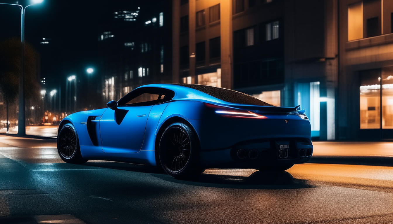 A blue sports car parked on a city street at night, with lights glowing in the distance