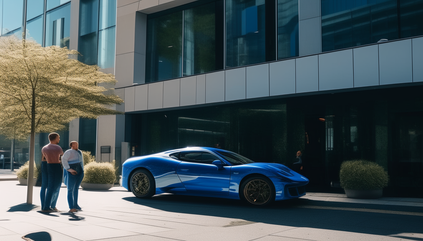 A blue sports car parked outside an office building on a sunny afternoon, with people walking by
