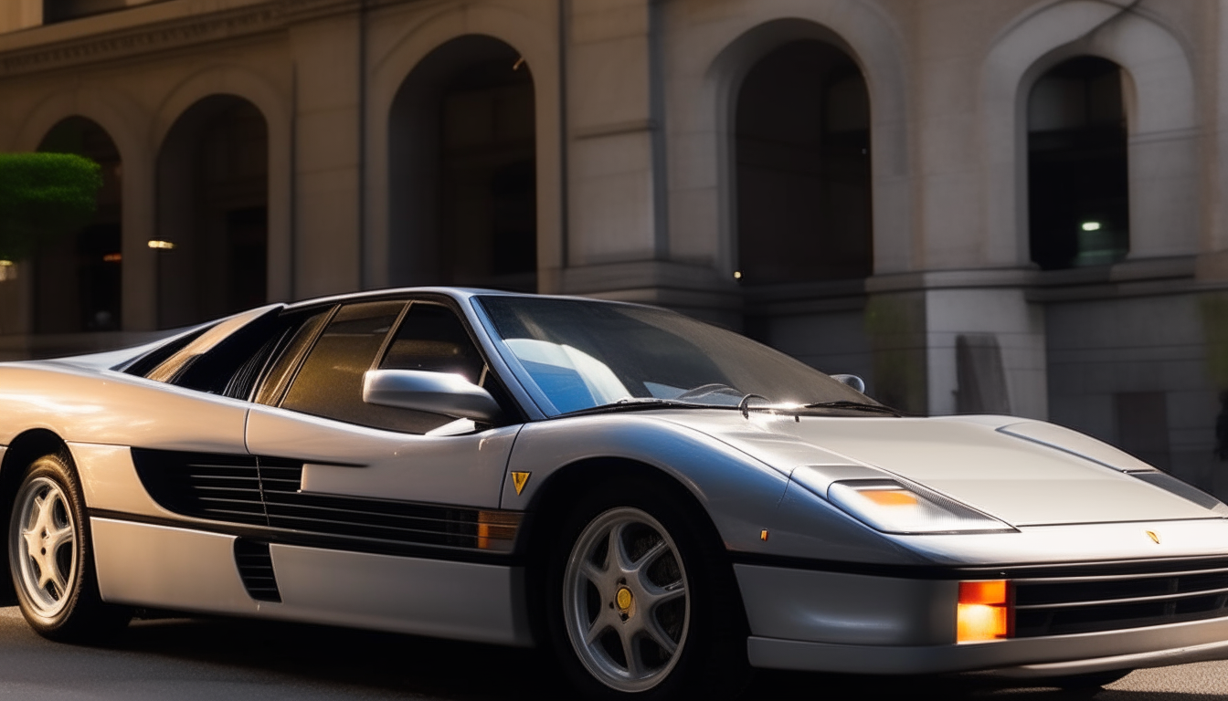 A white 1984 Ferrari Testarossa parked outside a building on a sunny afternoon