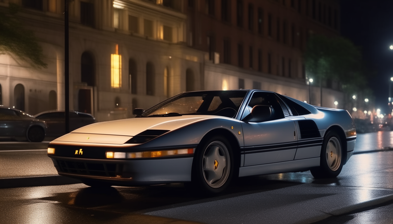 A white 1984 Ferrari Testarossa parked on a city street at night, with lights glowing in the distance
