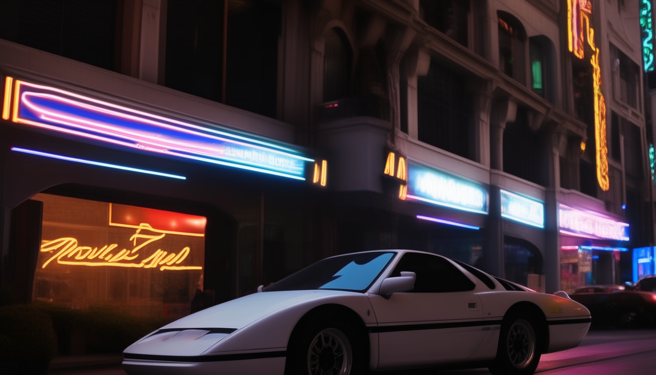 Image-18 at night, with neon lights and signs glowing various colors against the dark backdrop
