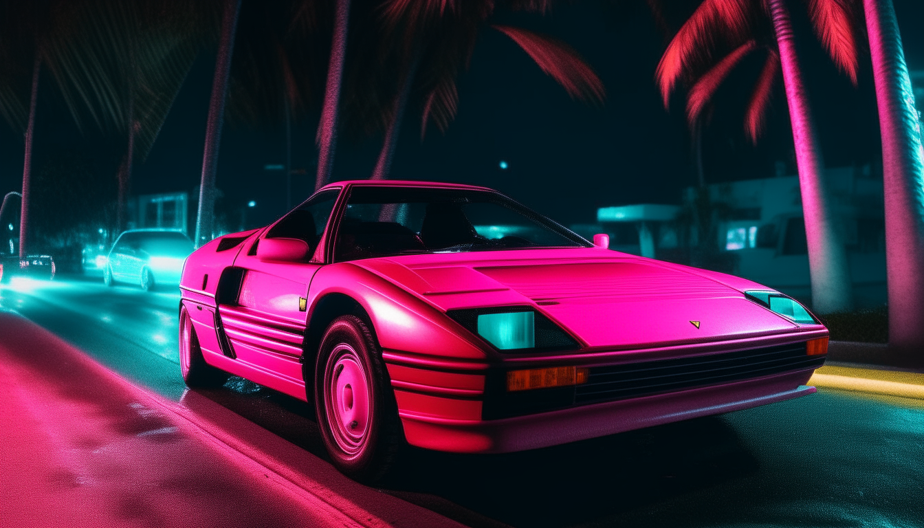 A red Ferrari Testarossa driving down a palm tree-lined road in Miami Beach at night. Neon signs glow pink, blue and green against the dark sky as the car passes by with its headlights on