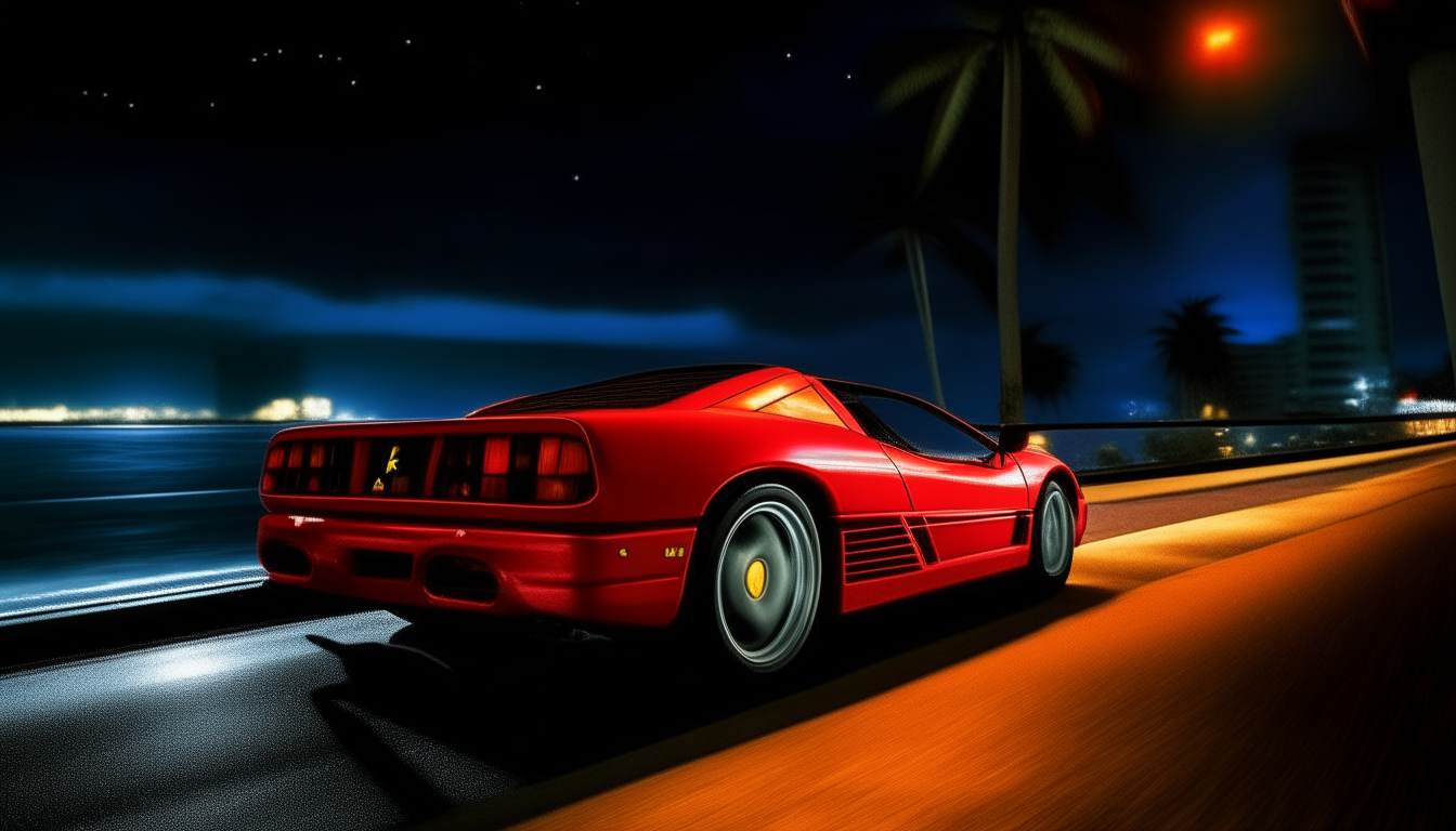 The Ferrari Testarossa speeds along the Miami coastline at night. Palm shadows dance in the neon glow as the low-slung red car hugs the roadway curves