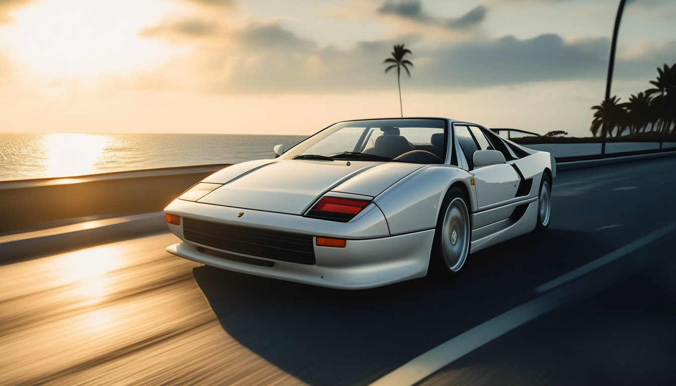 A white Ferrari Testarossa driving down a coastal highway in Miami. It is late afternoon and the sun is low in the sky, casting a warm glow over the car and ocean beyond.