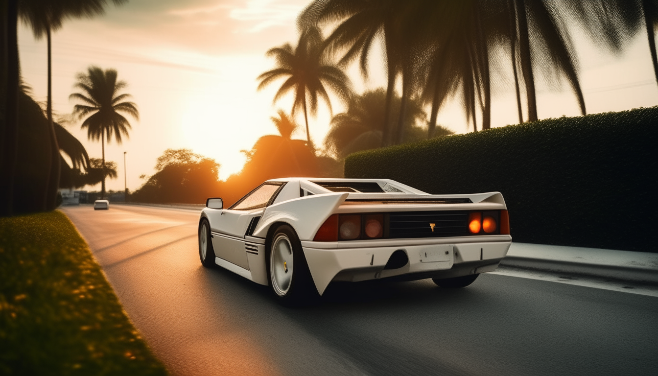 A white Ferrari Testarossa speeds along a palm tree-lined road in Miami. It is nearing sunset and the low sun reflects brightly off the car's bodywork as it hugs the curves of the road.