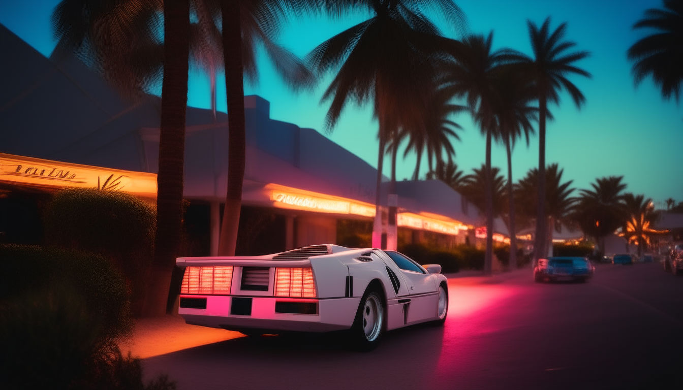 Image-25 at night, with blue and pink neon signs glowing along the roadside and palm trees lit up in colorful hues