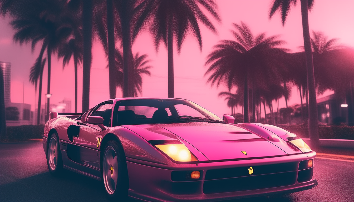 Image-25, now at dusk. Blue and pink neon lights illuminate the Ferrari as it drives along the palm tree-lined roadway at golden hour