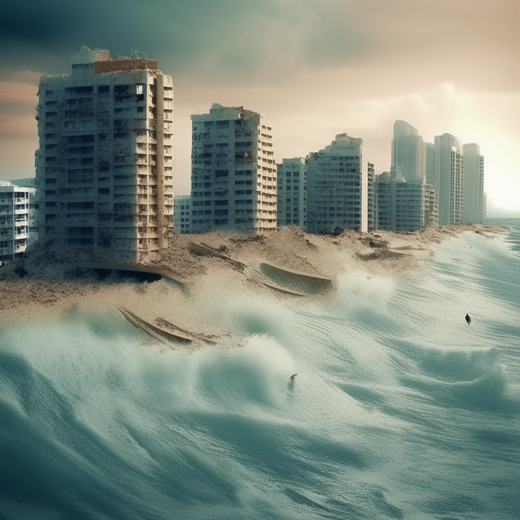 Oceans rising due to global warming, buildings been washed away.