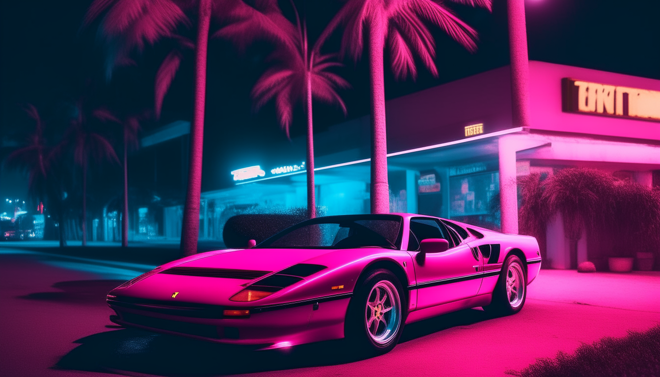 Image-25 at night, with the Ferrari illuminated by the neon glow of pink and blue signs along the palm-lined roadside