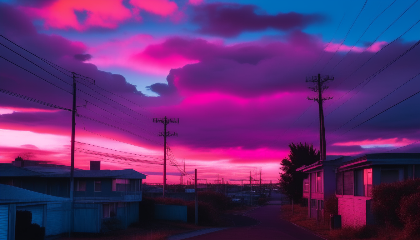 Image-25 during sunset, as neon lights in shades of pink, purple and blue begin to illuminate the setting under the darkening sky