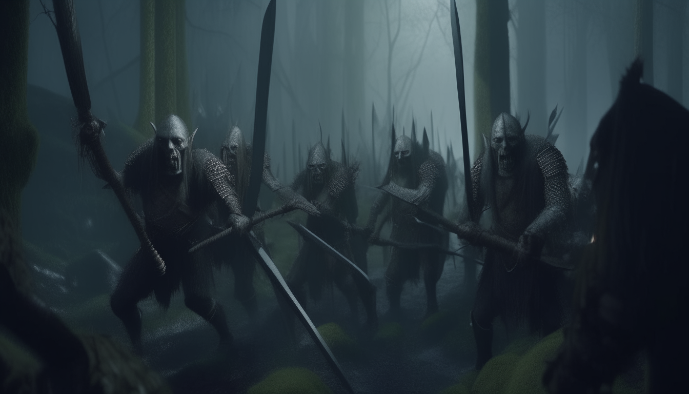 a group of orcs waving swords in a dark scary forest, cinematic scene, extremely detailed and photorealistic, 8k resolution, digital art