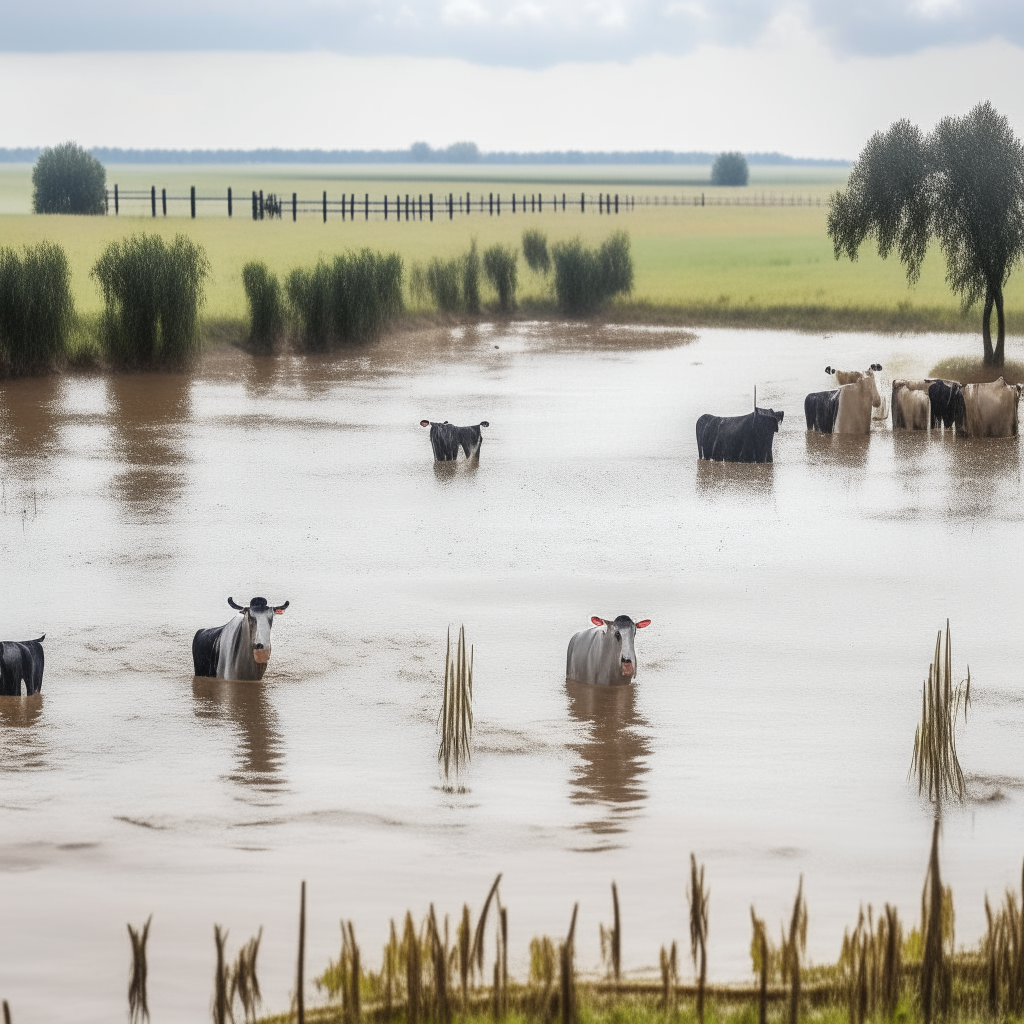 flooded farmland and cows trapped by water