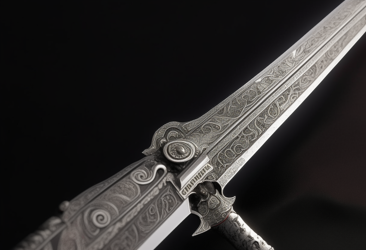 A ornate longsword with a jeweled hilt and runes etched along the gleaming silver blade